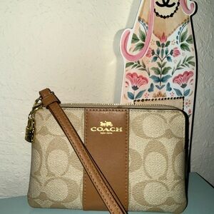 Coach Signature Beige and Brown Wristlet